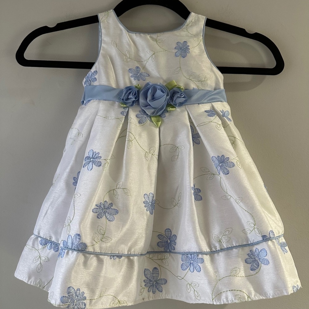 Jenny & Me Floral Embroidered Dress Infant 18M‎ White Blue Excellent 3D Roses